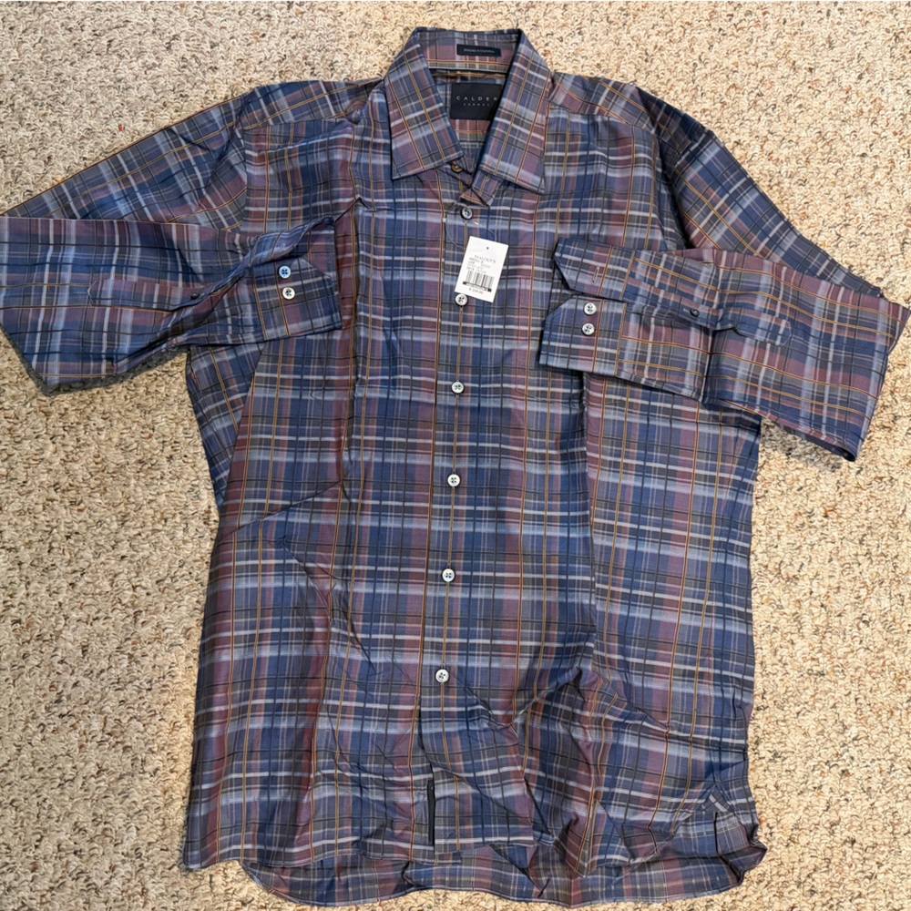 NWT Calder Carmel Denim Twill Plaid Sport Shirt - Medium